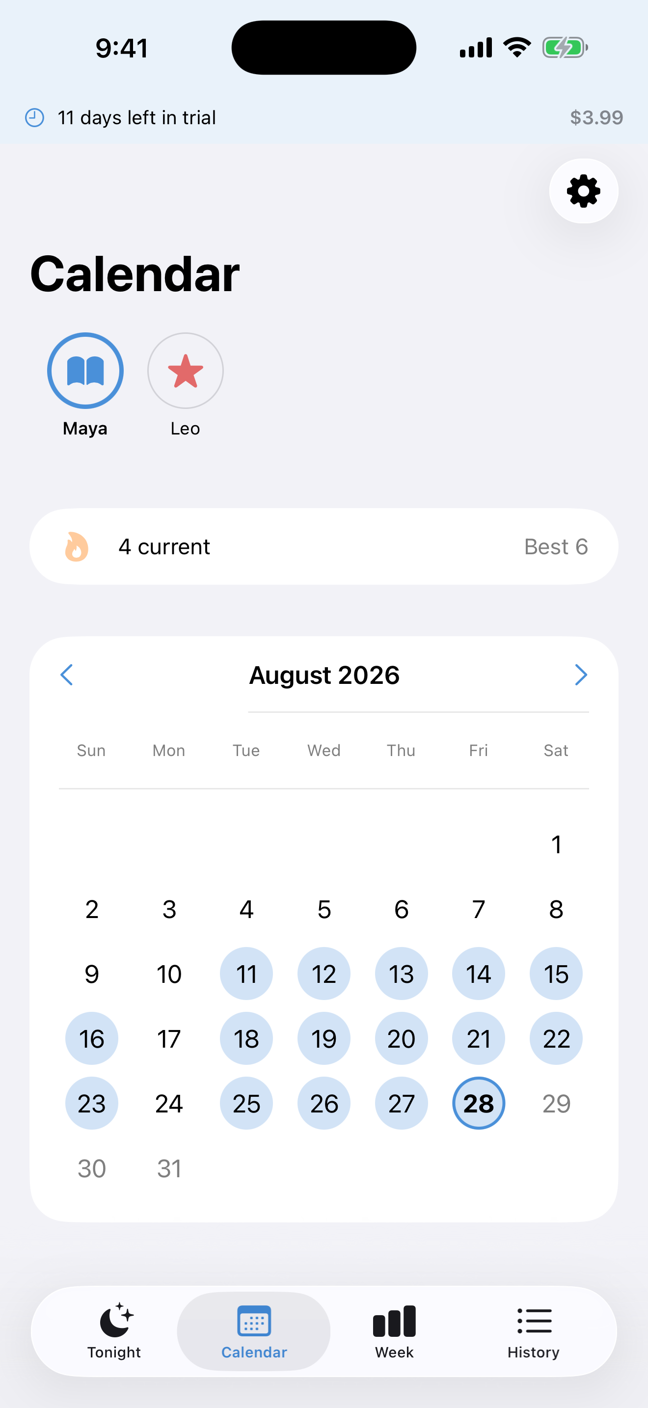 Nightly Minutes calendar on iPhone