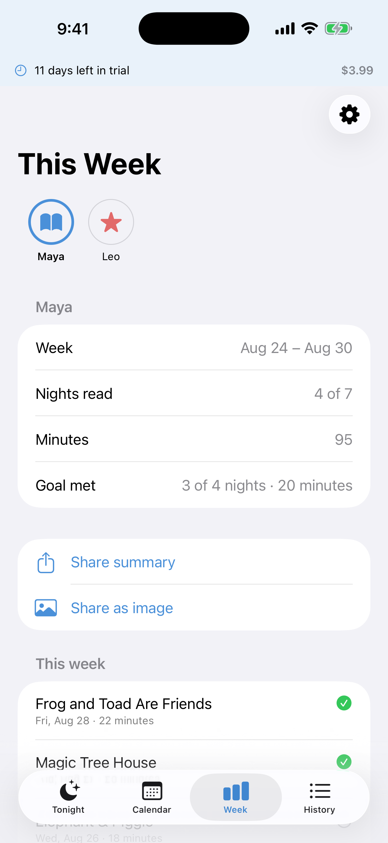 Nightly Minutes week view on iPhone