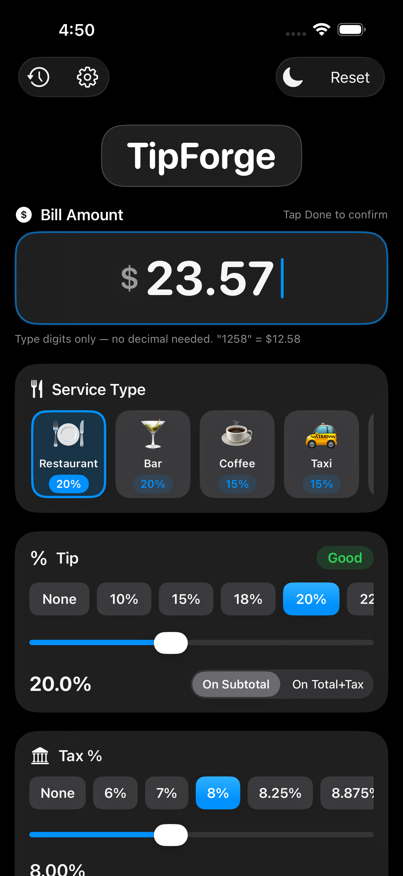 TipForge calculator on iPhone