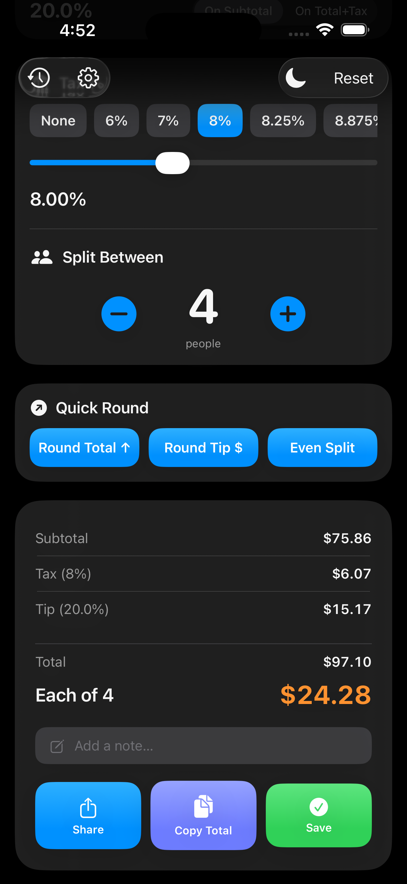 TipForge split results on iPhone